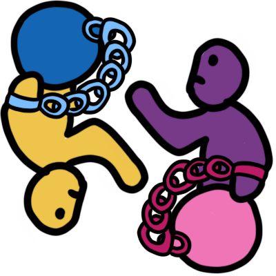 a yellow figure chaiend to a blue circle and a purple figure chained to a pink circle. both have sad faces and are reaching for the other circle.